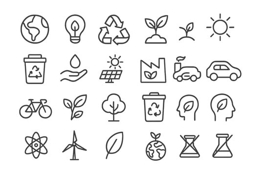 Ecology line icon set. Environment, sustainability, and green concepts. Renewable energy, recycling, conservation, and eco friendly symbols. Vector outline pictogram collection.