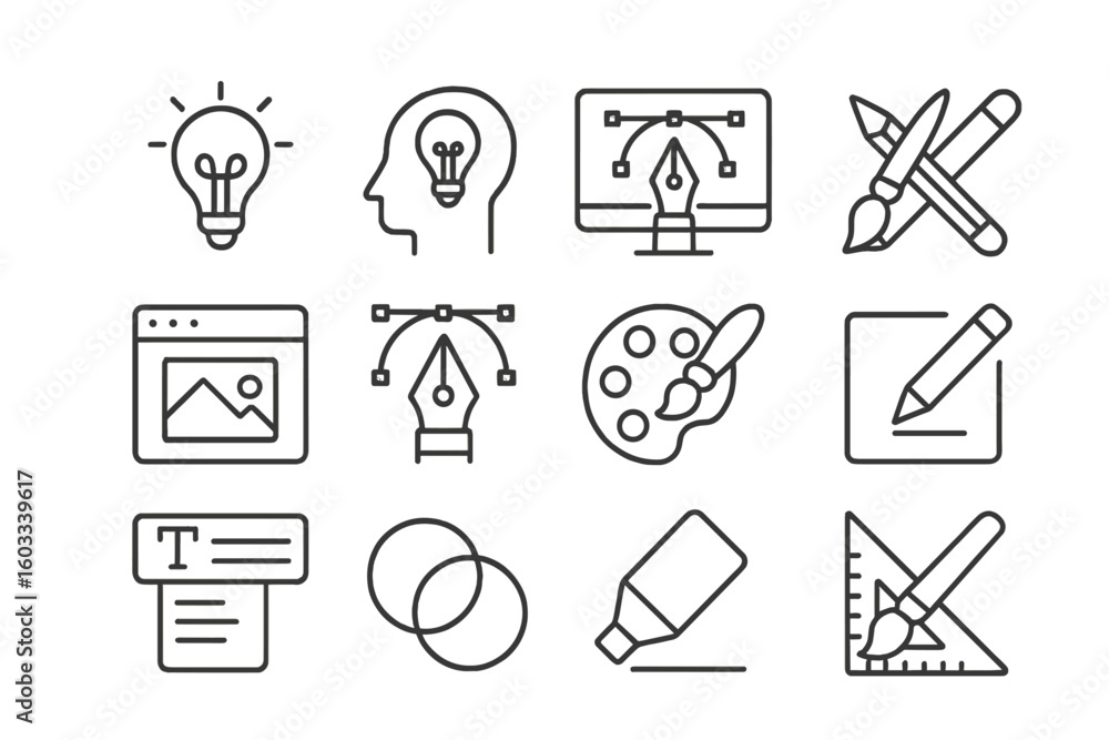 Poster graphic design line icon set. creativity and idea symbols. vector art tools for software and web. pe