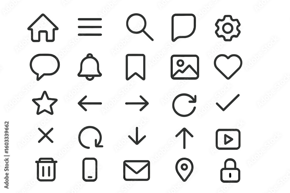 Fototapete Minimalist line icon set for UI and UX design. Essential web and mobile interface symbols for apps and websites. Vector collection of basic navigation buttons. Clean outline style.