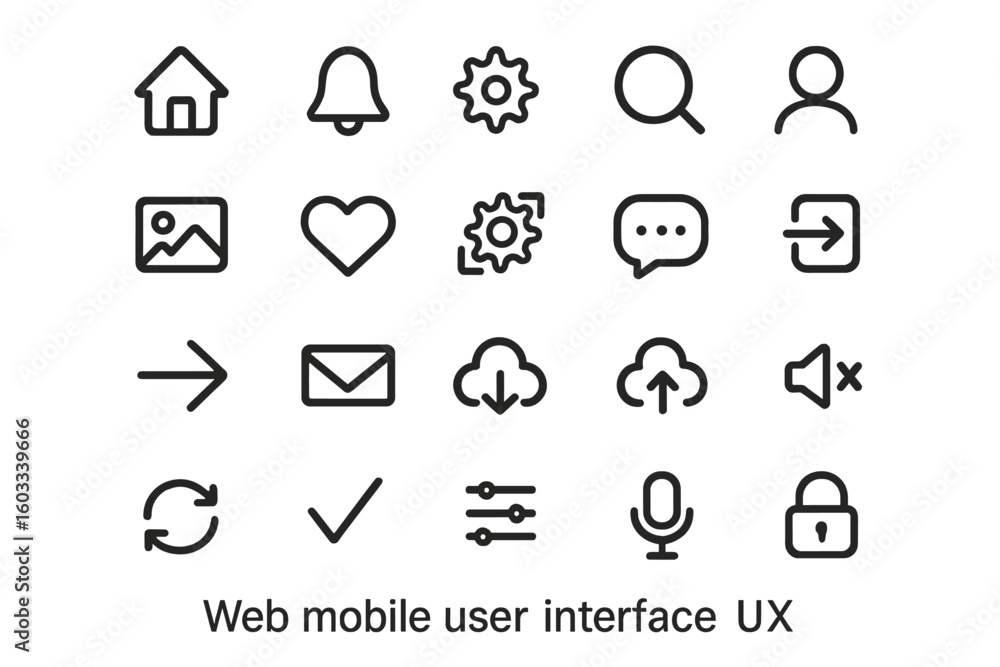 Poster web mobile user interface ui ux line icon set. thin linear outline style icons for website and app d