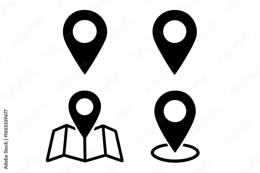 Poster map pointer icon collection. location pin symbol for gps navigation. flat black destination marker f