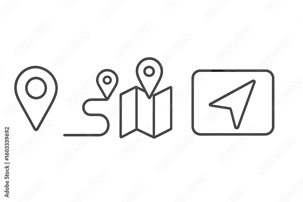 Poster location route and navigation line icons set. gps map pin, travel destination path, direction pointe