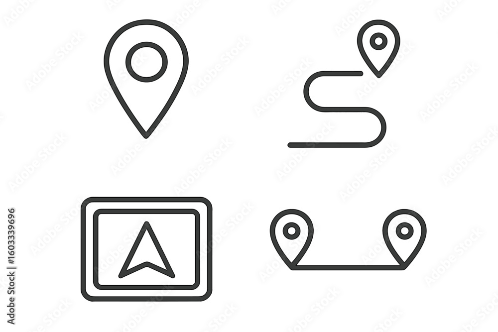 Poster navigation and location line icon set. vector icons for gps, route, and destination. includes map pi