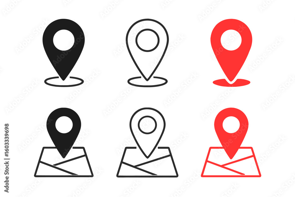 Aufkleber map location pin icon set. gps pointer marker collection. black, red, outline style. vector symbol f