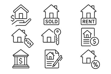 Real estate line icon set for buying, selling, and renting a house. Vector icons for mortgage, property investment, housing loan, and contract. Web pictograms in thin outline style.