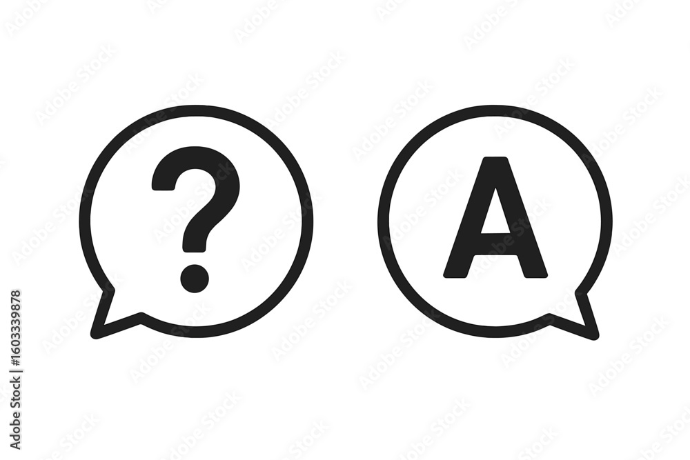 Poster question and answer icon set. faq symbols, help and support chat bubbles, problem solving conversati