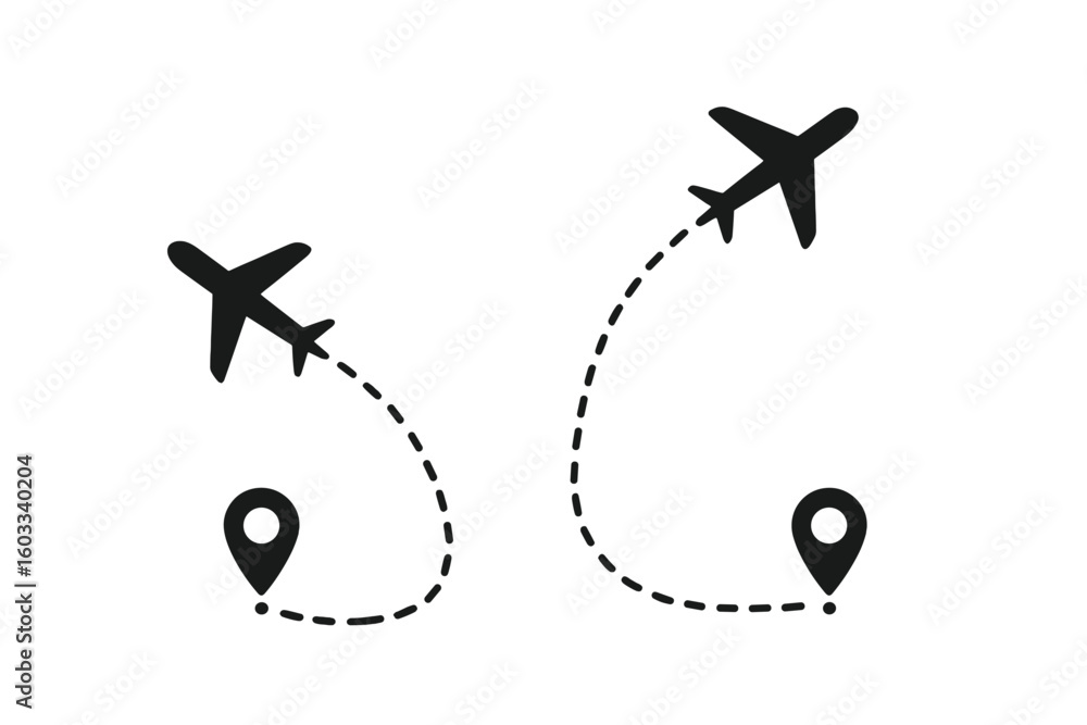 Poster airplane flight route with a starting point and a line trace. aircraft tracking path icon with a loc