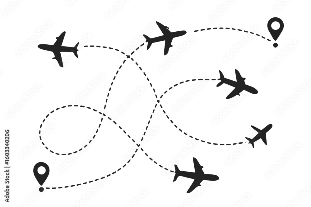 Aufkleber airplane routes with start and end destination points. air plane flight path with dotted line trace.
