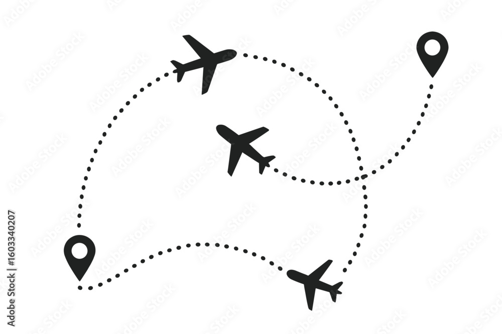 Poster airplane routes with dotted line trace. air plane flight path for travel journey. aircraft tracking 