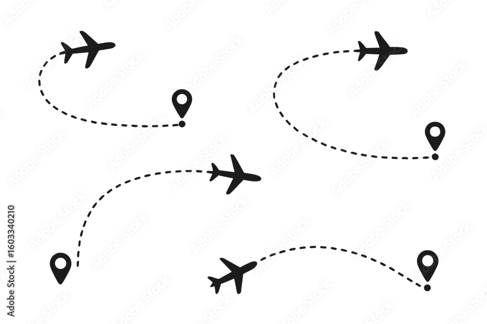 Poster airplane flight route set with start point and line trace. aircraft tracking icon collection with lo