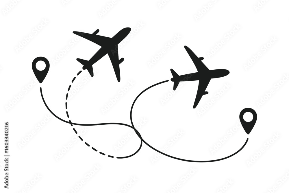 Aufkleber airplane flight path with start and end destination points. plane flying route with location pins. a