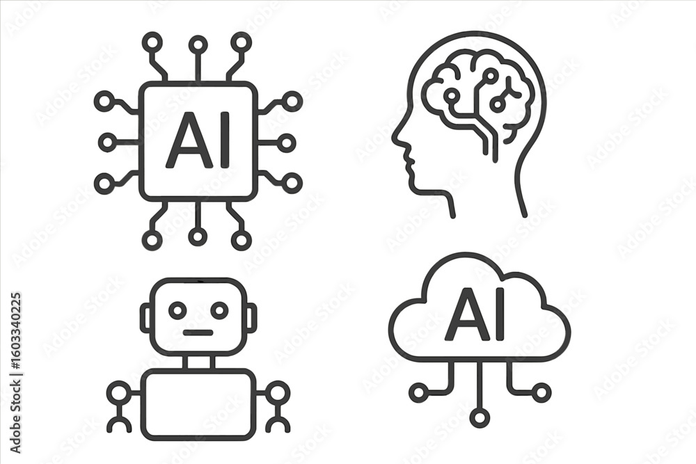 Poster Artificial intelligence AI icon set. Robot, chatbot, brain, processor chip, cloud computing symbols. Machine learning, data science, deep learning technology concepts.