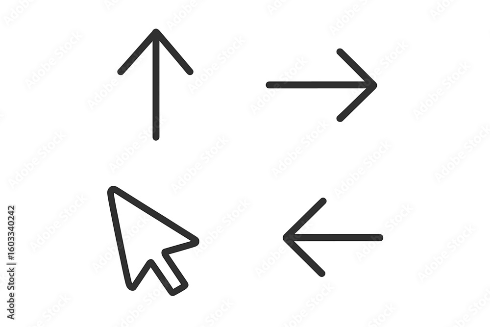 Poster arrow icon set in thin line style. collection of black linear pointers and cursors for web design, m