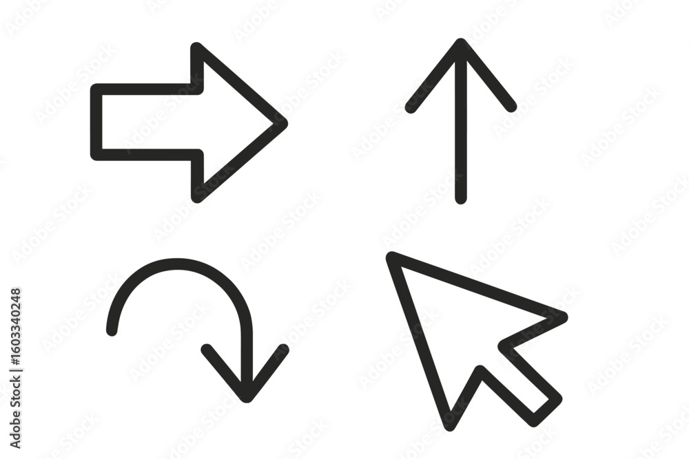 Poster set of black arrow icons in modern line style. collection of four essential navigation and pointer s