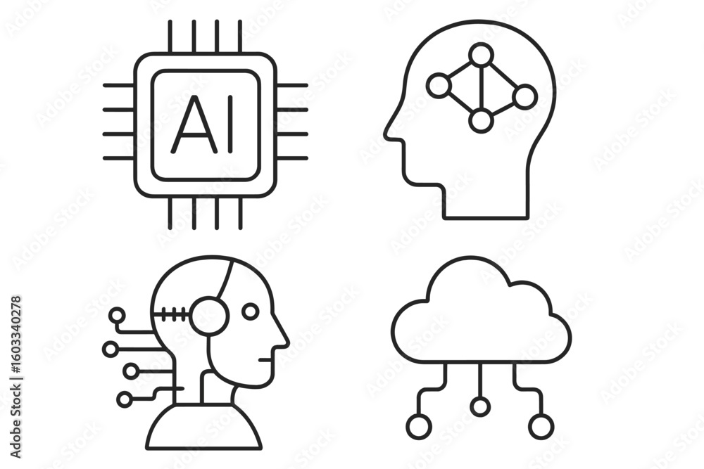 Poster line style artificial intelligence and machine learning icons set – ai technology, algorithmic brain
