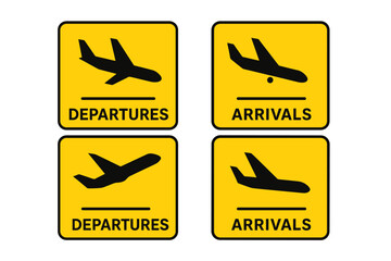 Airport signs icon set for arrivals and departures. Simple vector illustration with airplane silhouette for takeoff and landing. Travel and transport information symbols.