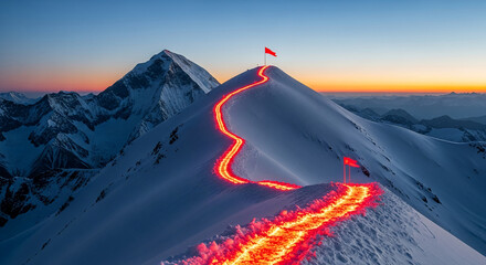 Illuminated path winding up snowy mountain peak at sunset, red flag at summit symbolizing achievement, journey, or ambition