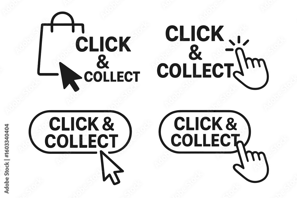 Poster click and collect icon set. in-store pickup symbol for online orders. internet shopping concept. e-c