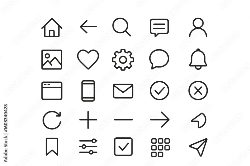 Poster web & mobile ui ux line icon set. essential interface navigation and social media symbols. minimalis