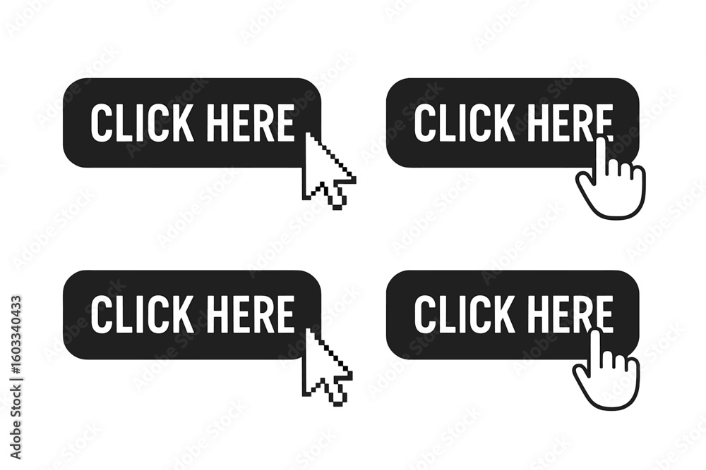 Fototapete Click here button set with mouse cursor and hand pointer. Call to action web element collection. Modern user interface icon for website and app design. Vector illustration.