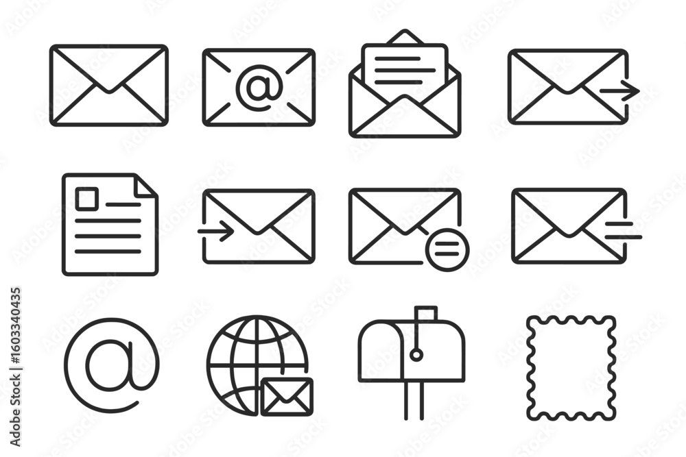 Poster mail and email communication line icon set. vector symbols for postal letter, post office, mailbox, 