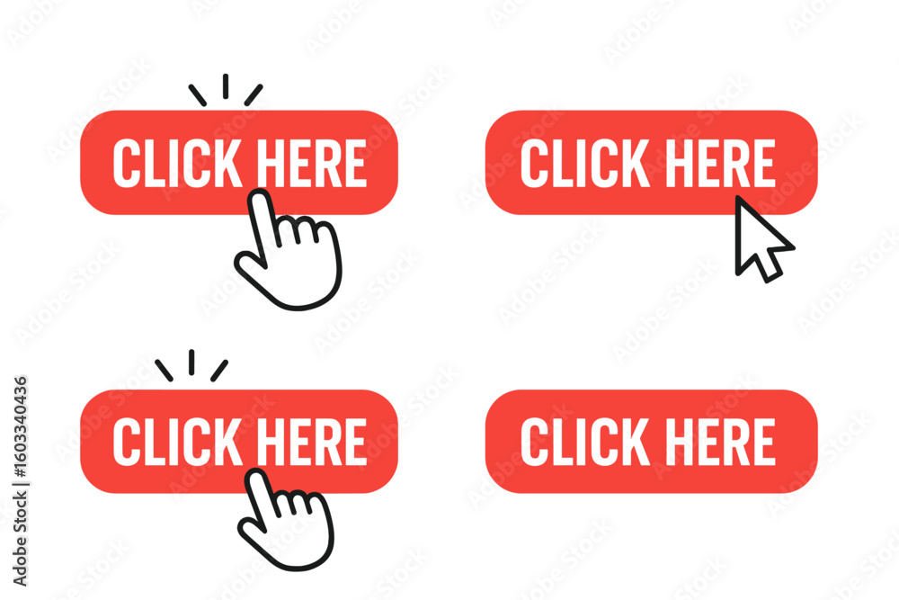 Fototapete Click here button set with hand pointer and mouse cursors. Modern call to action for website UI and UX design. Press finger and arrow icons for web link. Vector symbol.