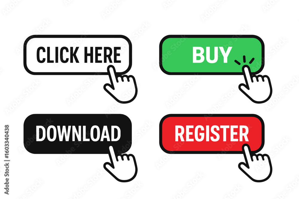 Poster Click here button set with hand cursor. Action buttons for website, buy, download, or register. Computer mouse pointer symbol. User interface element for online call to action.
