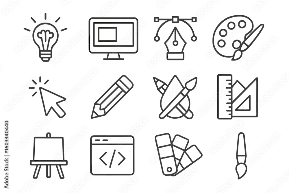 Fototapete Graphic design line icon set. Art and creativity symbols. Vector pack with design tools, pen tool, palette, brush, code, idea lightbulb for web and user interface design.