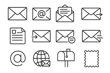 Mail and email communication line icon set. Vector symbols for postal letter, post office, mailbox, sending and receiving messages. Web icons in thin outline linear style.