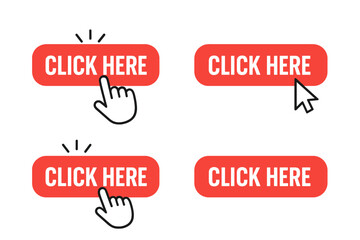 Click here button set with hand pointer and mouse cursors. Modern call to action for website UI and UX design. Press finger and arrow icons for web link. Vector symbol.