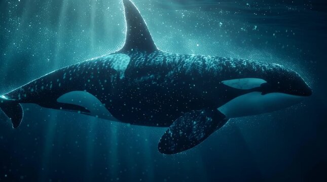 A realistic orca swimming gracefully underwater, deep in the ocean with soft blue ambient lighting, generative ai