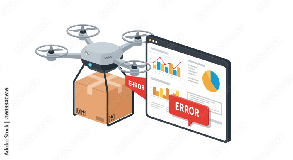 Aufkleber isometric drone delivery with package and error notification on tablet screen