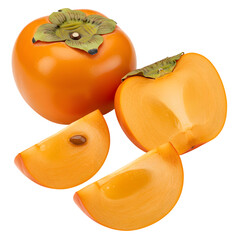 3D Render of Fresh Persimmon Fruit with Sliced Sections Isolated on Transparent Background