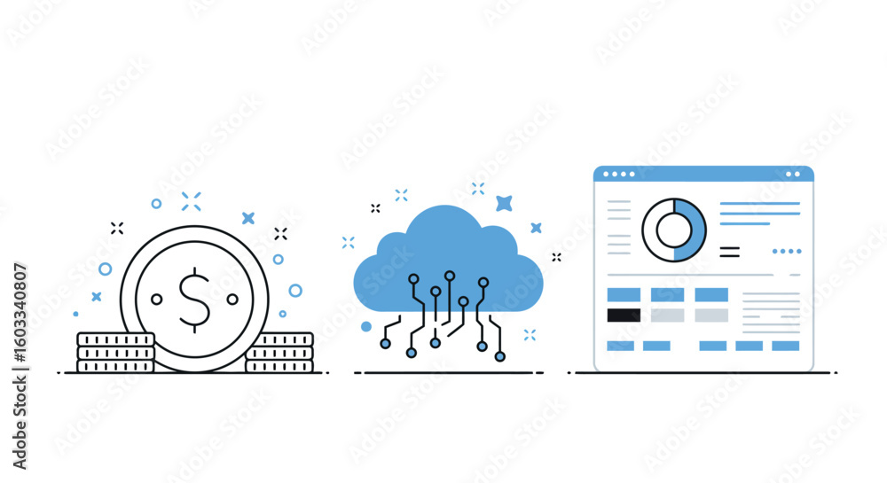 Poster cloud computing and data management: simple flat design with financial and analytical elements