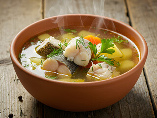 Hot fish soup: a traditional dish on a rustic table