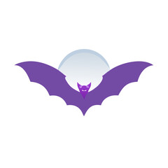 A purple cartoon bat flying in front of a full moon on halloween night