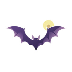 A dark purple cartoon bat flying in front of a yellow moon at night