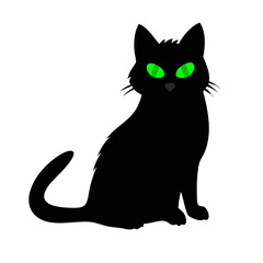 Obraz premium A black cat with glowing green eyes sits alertly on a dark halloween night