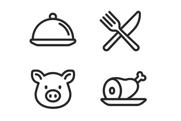 Restaurant food icon set. Pork, meat, serving dish and cutlery line icons. Vector graphic elements for cafe menu, website or app. Minimalist outline food symbols.
