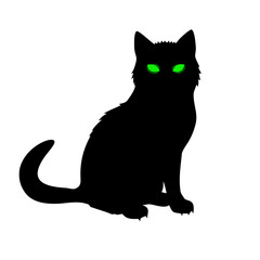 A black cat with glowing green eyes sits alertly on a dark halloween night
