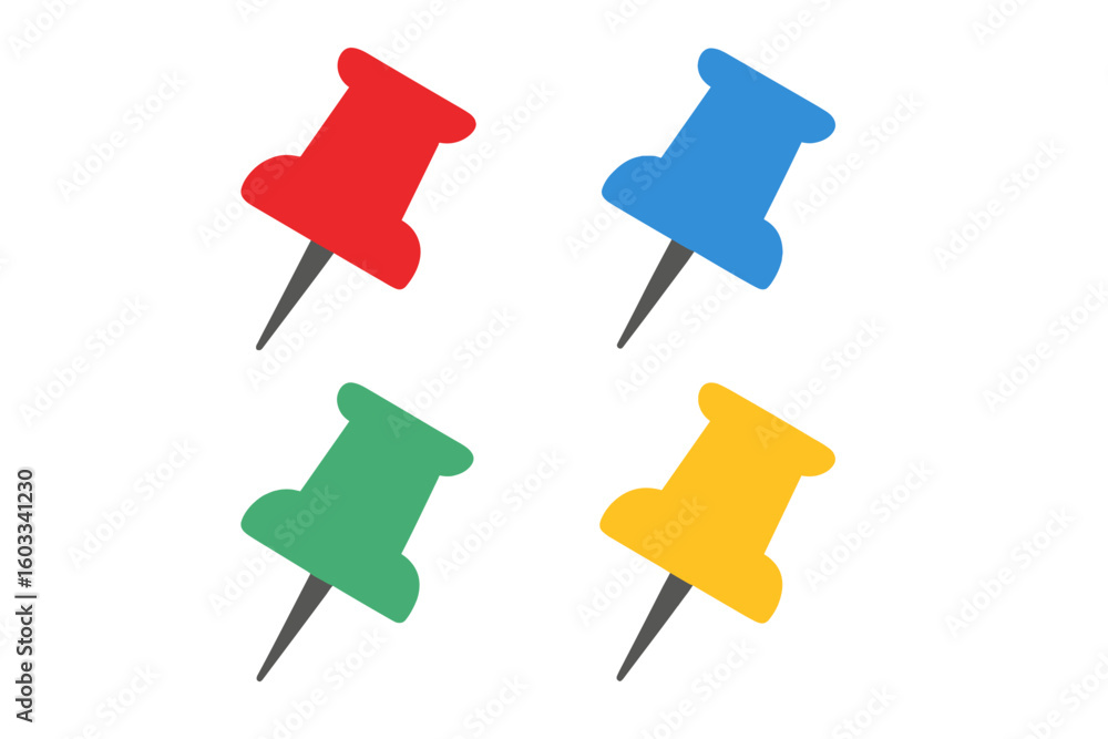 Poster colorful pushpin icon set. thumbtack location marker for map navigation. gps pointer symbol for web 