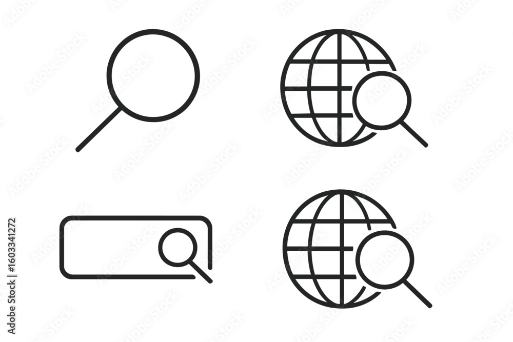 Poster search icon collection in outline linear style. magnifying glass, global web search, and browser bar