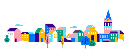 Colorful Cityscape Banner. Urban Skyline with Modern and Traditional Architecture.