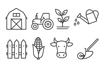 Farming and agriculture icon set. Farm life concept. Vector linear symbols. Editable outline icons. Contains barn, tractor, cow, corn, crop, plow, fence, watering can.