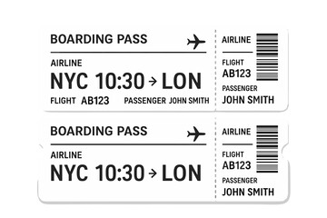 Airline ticket vector. Boarding pass design. Travel by air. Flight concept. Passenger journey. Vacation coupon. Tourism transportation. Airport check-in. Admission pass template.