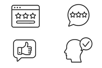 Feedback and review conceptual line icons. Customer satisfaction, star rating, quality service, user experience, approval, thumbs up, like button and confirmed user symbols.