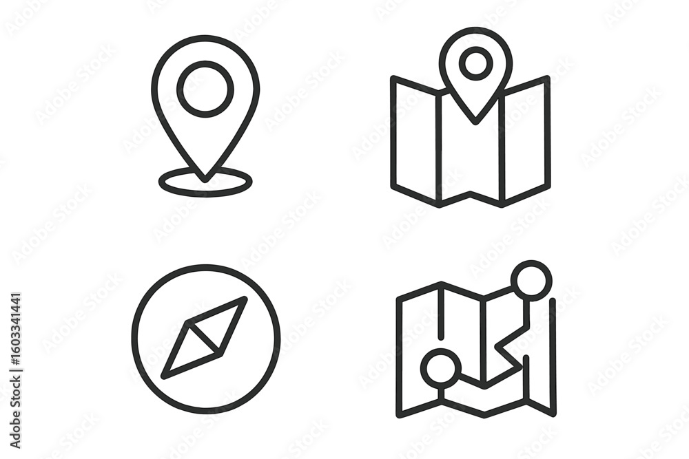 Poster navigation and location map icon set. vector line icons for gps, destination, travel, and direction.