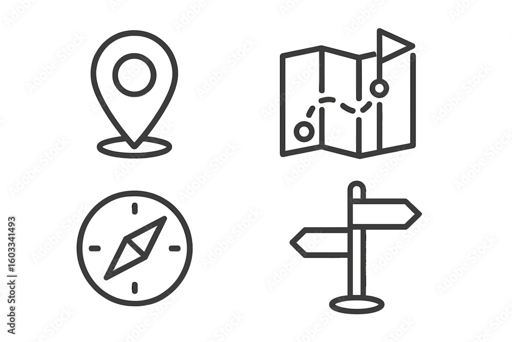 Poster navigation icons set for location and direction. vector line art of map pin, route, compass, and sig