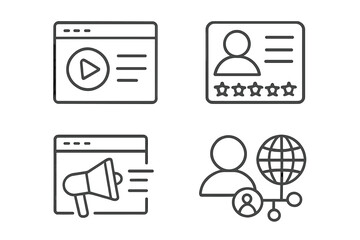 Social media marketing line icon set. Icons for digital promotion, video content, user profile review, and global networks. Vector graphic for web and business concepts.