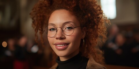 Fototapeta premium Smiling young african female with curly hair and glasses in church setting